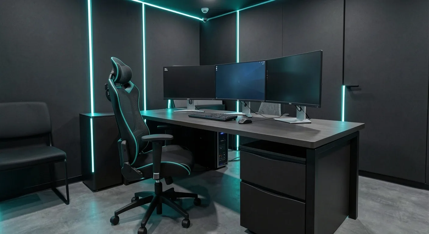 Sala VIP con mobiliario ergonómico y multi-monitor