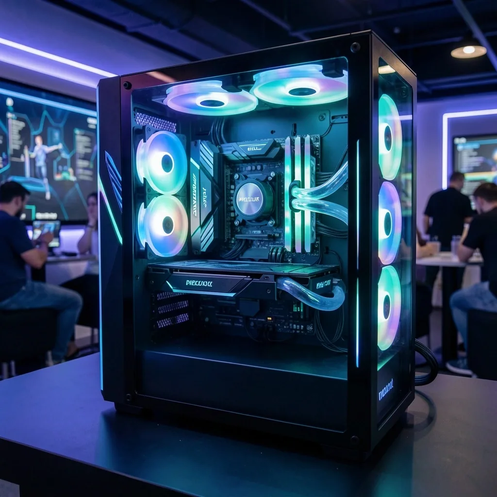 Torre PC con refrigeración líquida en sala VIP